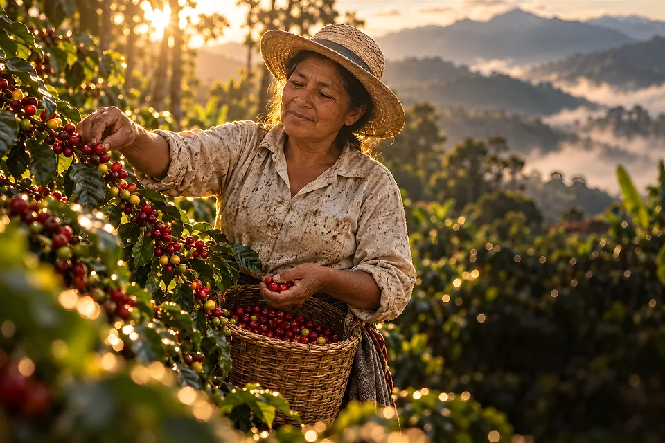 Recolectora de café tomando cerezas maduras para su canasto